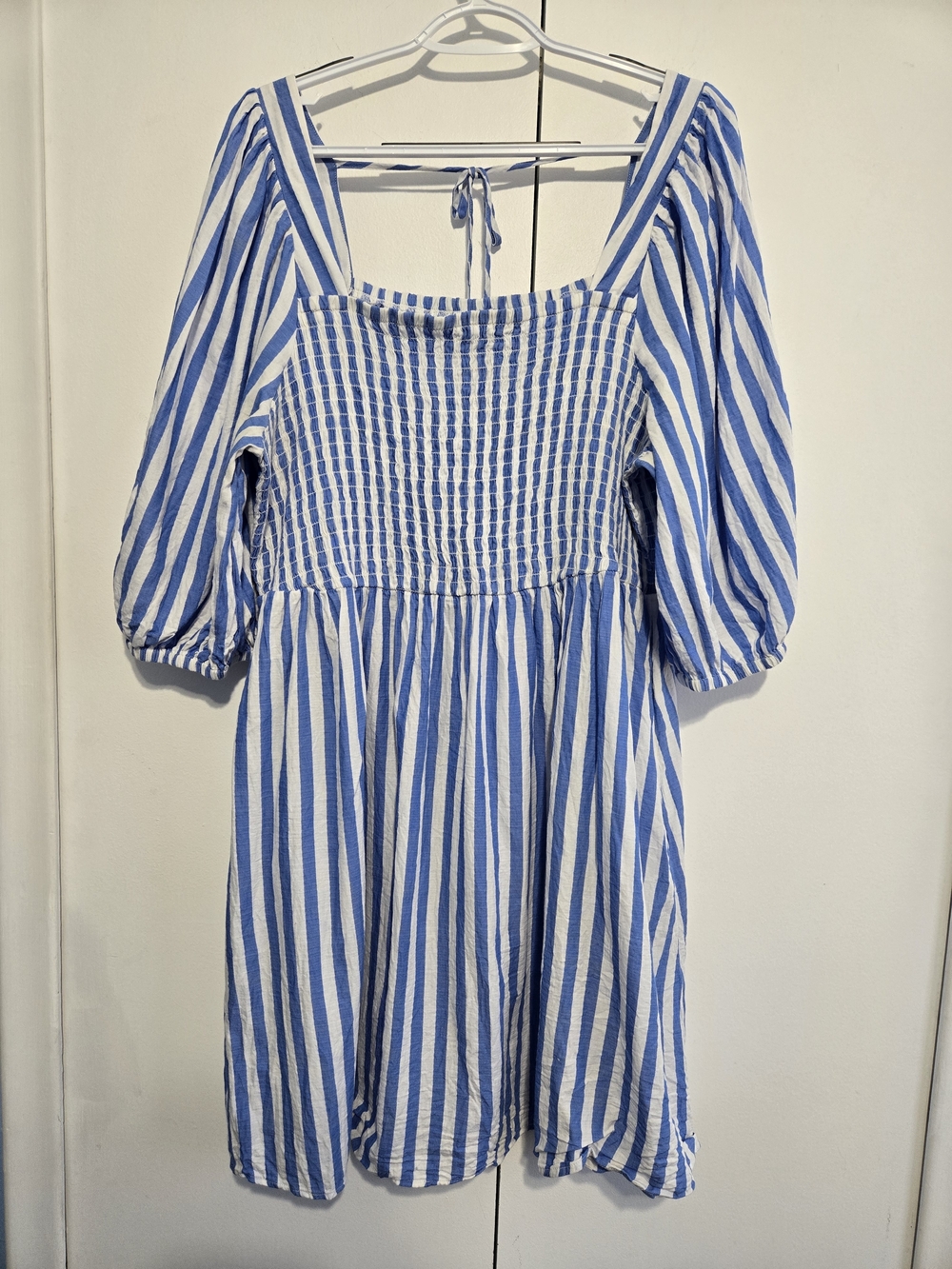 Ava & Viv 1X Blue White Striped Dress Smocked Square Neck Puff Sleeve Cottagecor